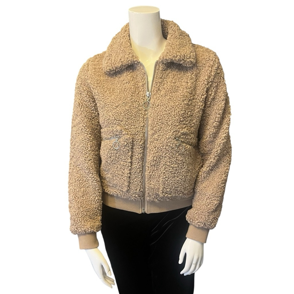 GARAGE Taupe Beige Sherpa Teddy Bomber Jacket, S